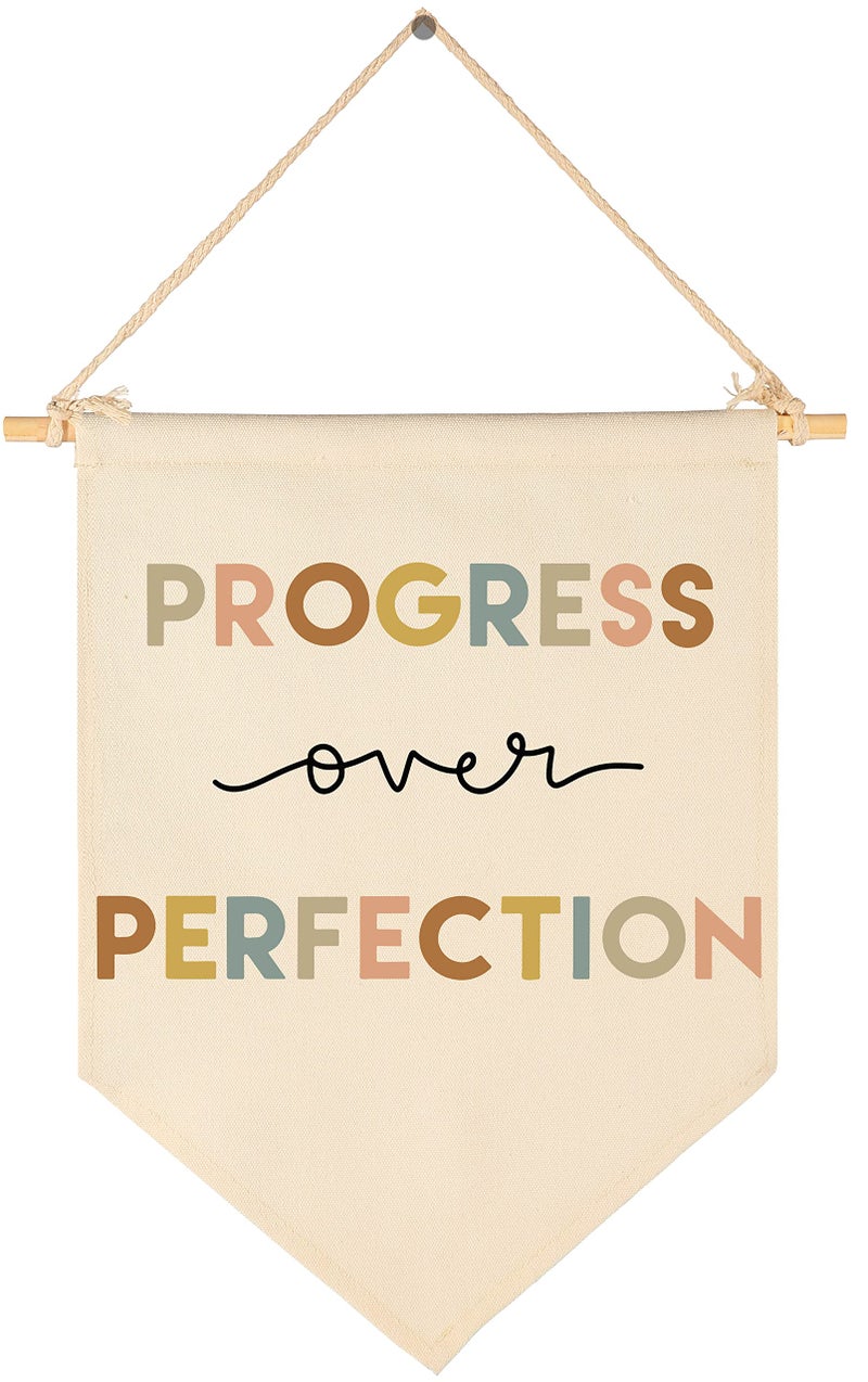 FYSIA Progress Over Perfection-Teacher Gift-Classroom Wall Decor-Reading Room Nursery Decor-Canvas Hanging Pennant Flag Banner Wall Sign-Positive Affirmation Inspirational Growth Mindset-Mental Health - Image 1